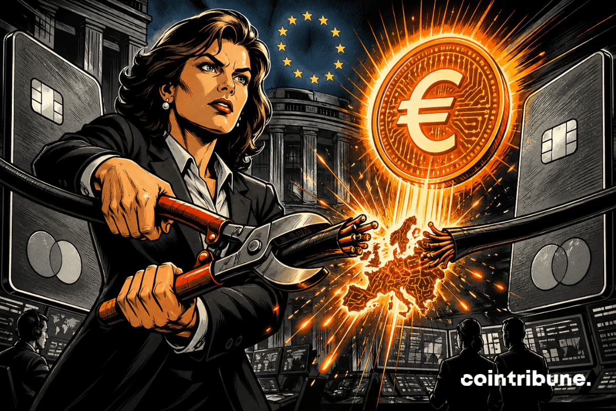 Une responsable européenne coupe un câble entre cartes bancaires et euro numérique lumineux.