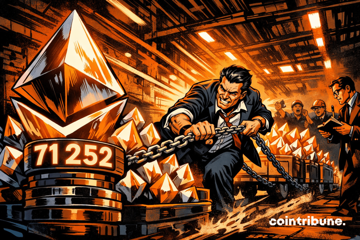 Man pulling a giant stockpile of ETH crypto in a warehouse.