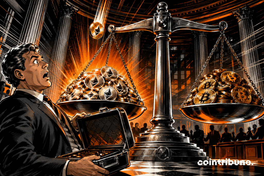 Balance géante opposant des piles d’ether et de bitcoin, sous le regard surpris d’un investisseur.