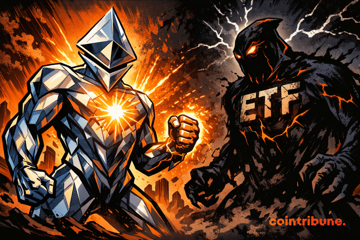 Illustration d’Ethereum affrontant un ETF sous pression dans un décor explosif, symbolisant la tension entre dérivés haussiers et flux institutionnels négatifs.
