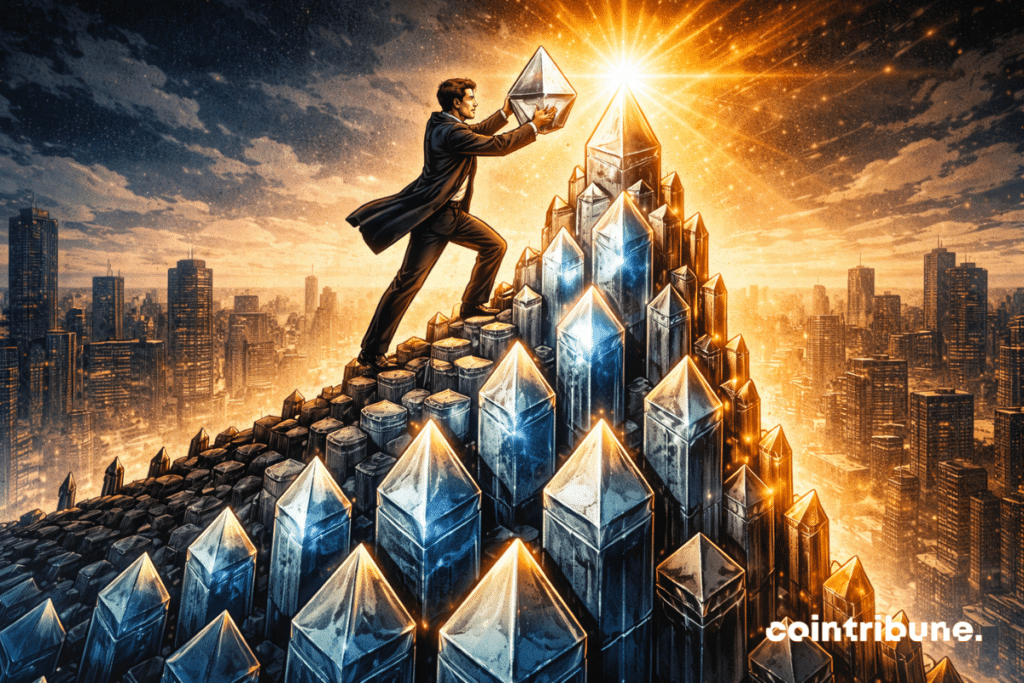 The Foundation representative raises his hand towards the column of tokens/crystals rising upwards. A geometric tower of light units inspired by ethereum coins, almost complete.