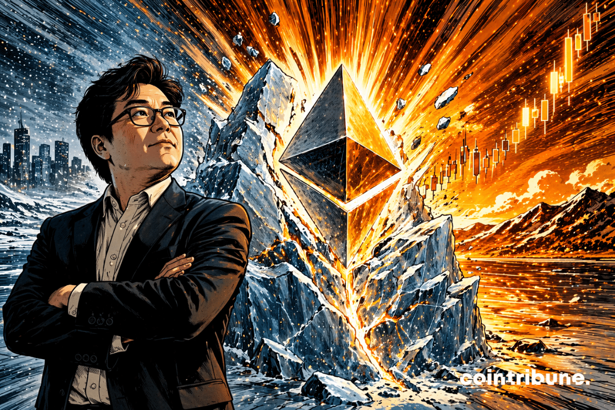 A symbol of Ethereum trapped in ice cracks open, releasing an upward surge of energy under Tom Lee’s watch.