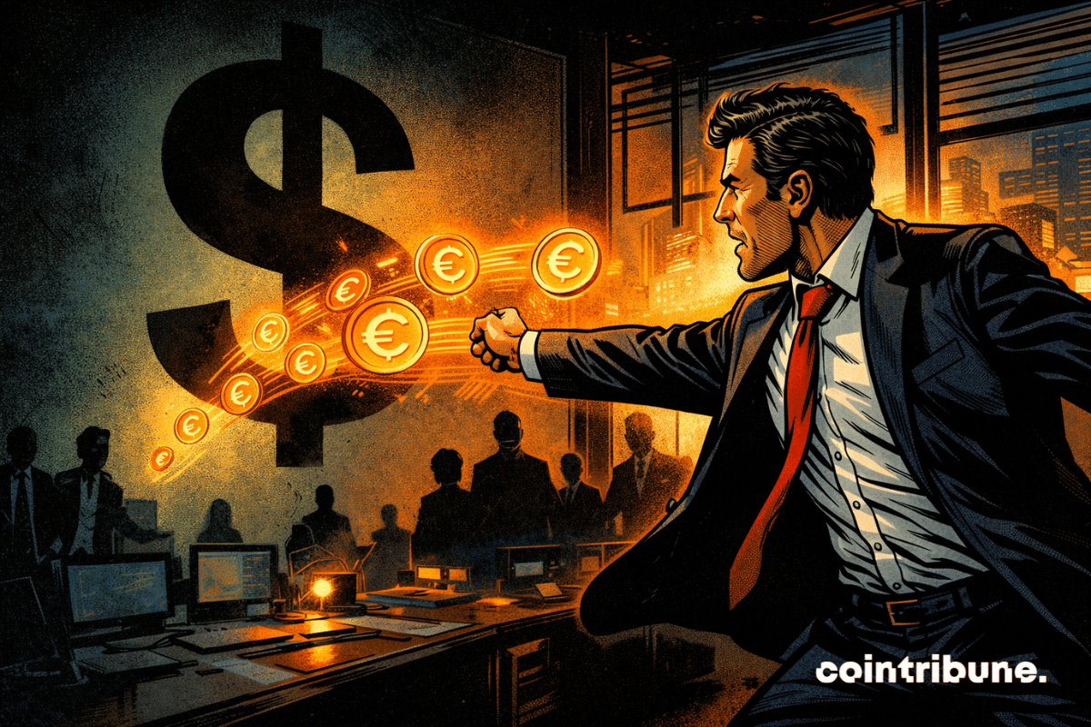 Homme lançant des stablecoins euro vers un dollar géant.