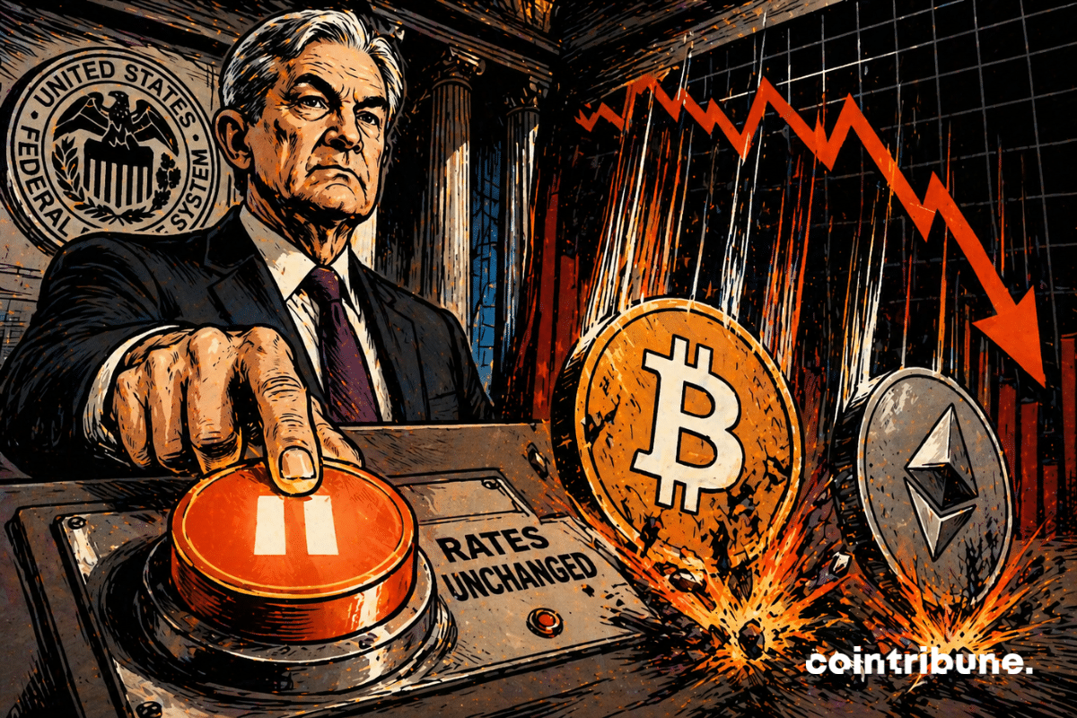 Un dirigeant appuie sur un bouton, figeant le système, tandis que Bitcoin et Ethereum chutent brutalement sous pression des marchés financiers