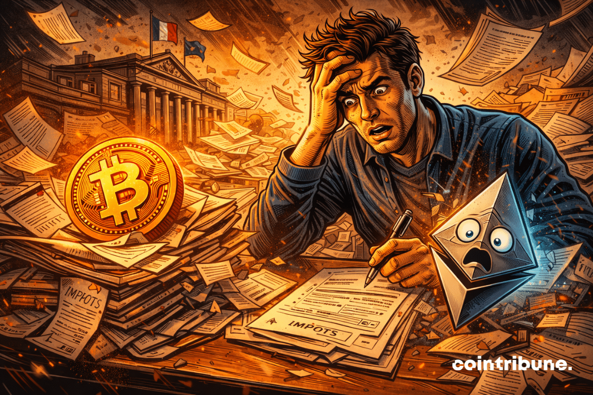 Un investisseur crypto débordé remplit des formulaires sous une avalanche de paperasse, entouré de symboles numériques et pression administrative française