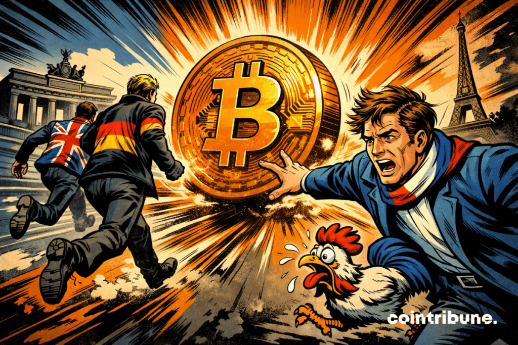 A character representing France tries to catch up with a large cryptocurrency, while Germany and the United Kingdom are ahead.