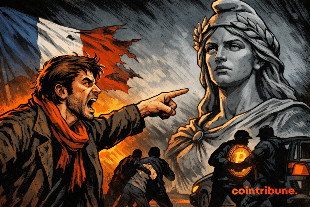 Illustration of an angry man accusing the French state amid the rise of crypto-related kidnappings, with a French flag in the background and scenes of crime targeting digital asset holders.