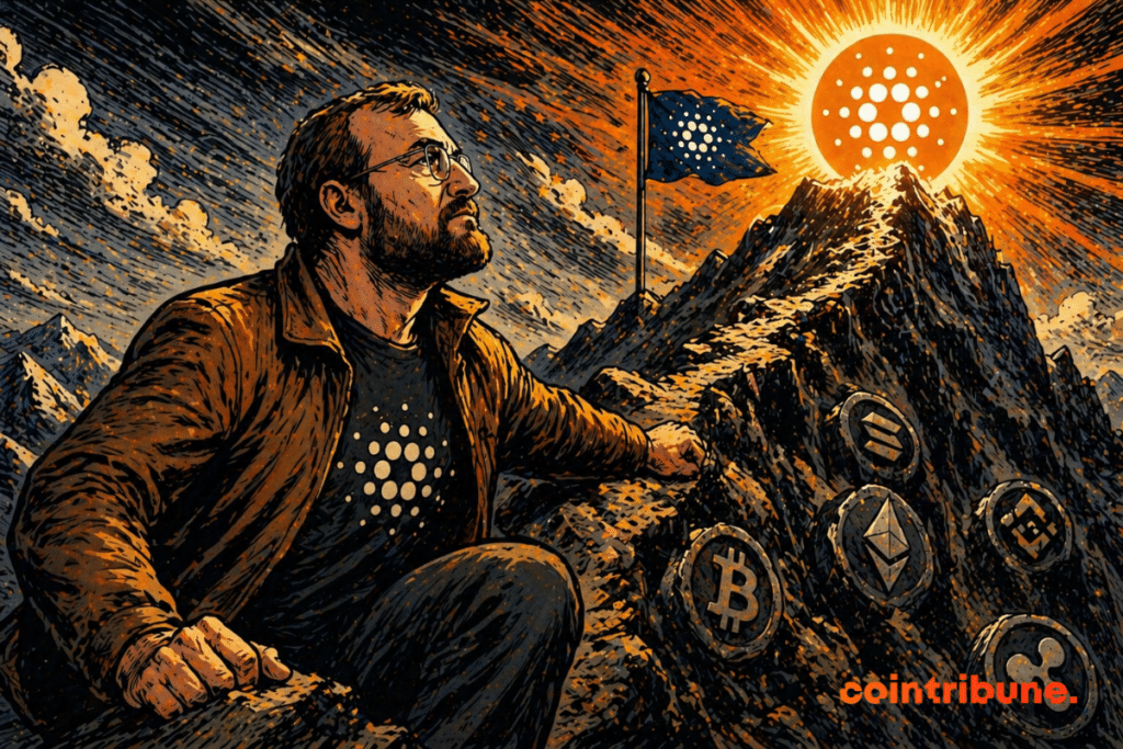 Un leader déterminé regarde le sommet lumineux de Cardano, dominant une montagne où d’autres cryptos apparaissent en contrebas, symbolisant ambition stratégique forte