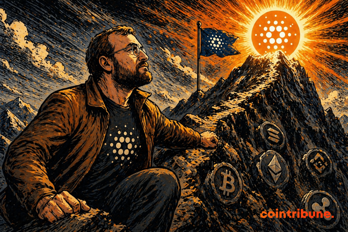 A determined leader gazes at Cardano’s luminous peak, towering over a mountain where other cryptocurrencies appear below, symbolizing strong strategic ambition.