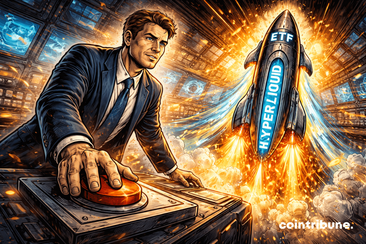 A financial firm launches a spectacular product, propelling a Hyperliquid ETF skyward like a rocket, symbolizing a rapid offensive in the financial markets