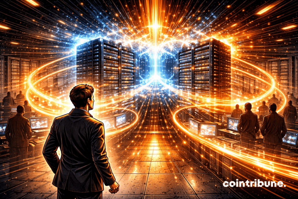 A connection of energy between two towers, symbolizing the agreement between Meta and CoreWeave in AI cloud.