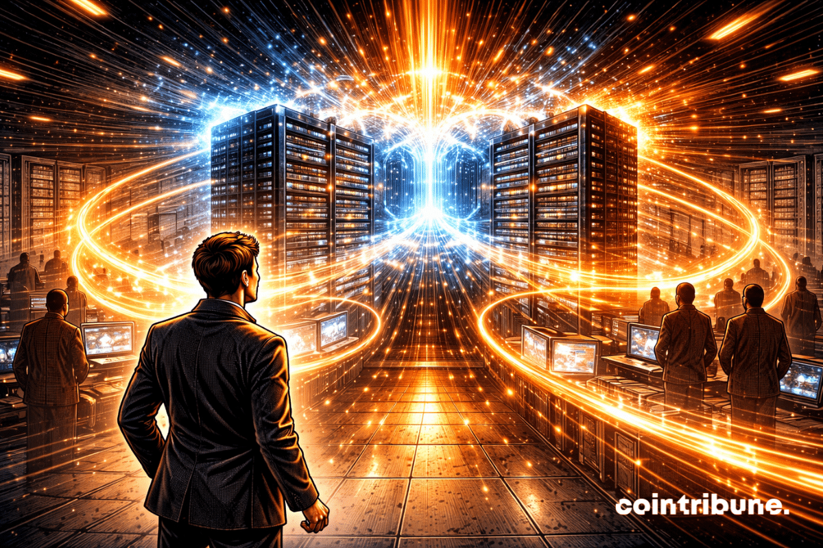 Une connexion énergétique entre deux tours, ce qui symbolise l’accord entre Meta et CoreWeave dans le cloud IA.