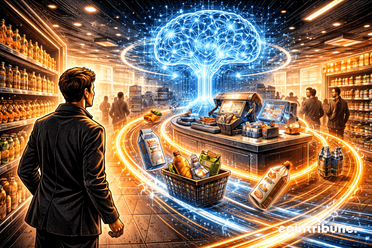 Dans un supermarché ou centre commercial futuriste, des objets (courses, produits) se déplacent seuls vers une caisse invisible, guidés par des flux lumineux IA, ce qui symbolise la plateforme inédite lancée par Visa.
