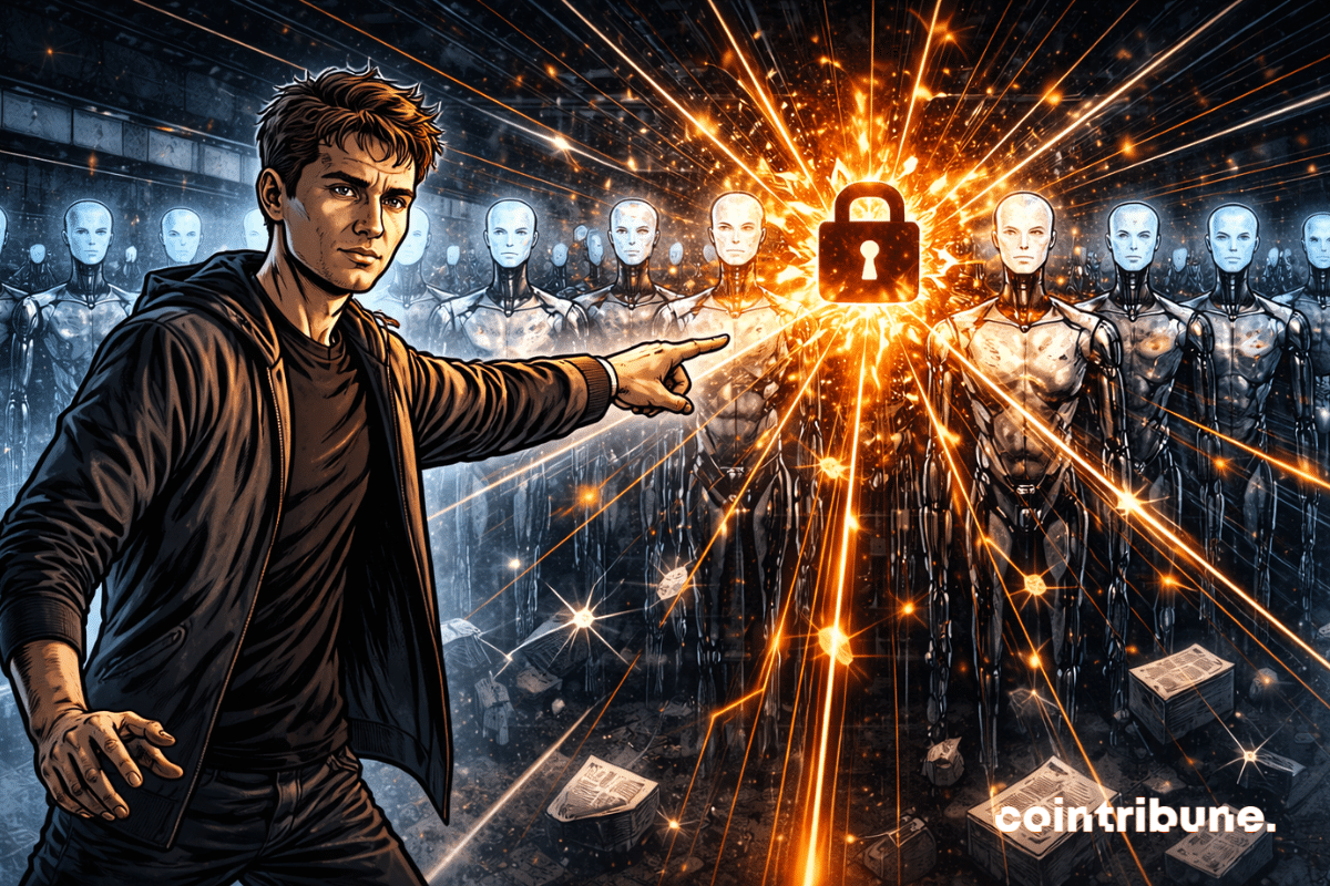 Vitalik Buterin est debout devant une table ou une interface abstraite, une main levée comme pour signaler un danger. Devant lui, plusieurs agents d’IA sont stylisés sous forme de silhouettes numériques reliées par des lignes lumineuses. Certaines commencent à se fissurer ou se désaligner.