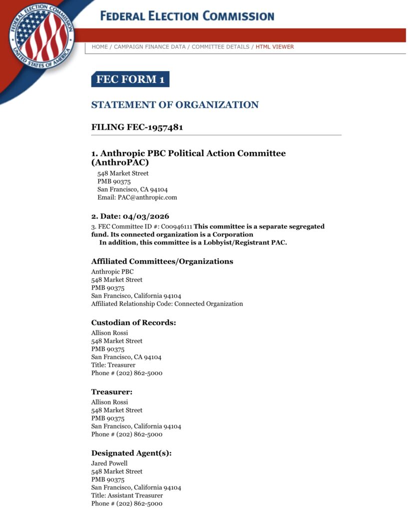 On April 3, 2026, Anthropic officially registered AnthroPAC, its political action committee (PAC), with the Federal Election Commission. The timing is no accident. Indeed, as the midterm elections approach, the company seeks to influence the debate on AI regulation.