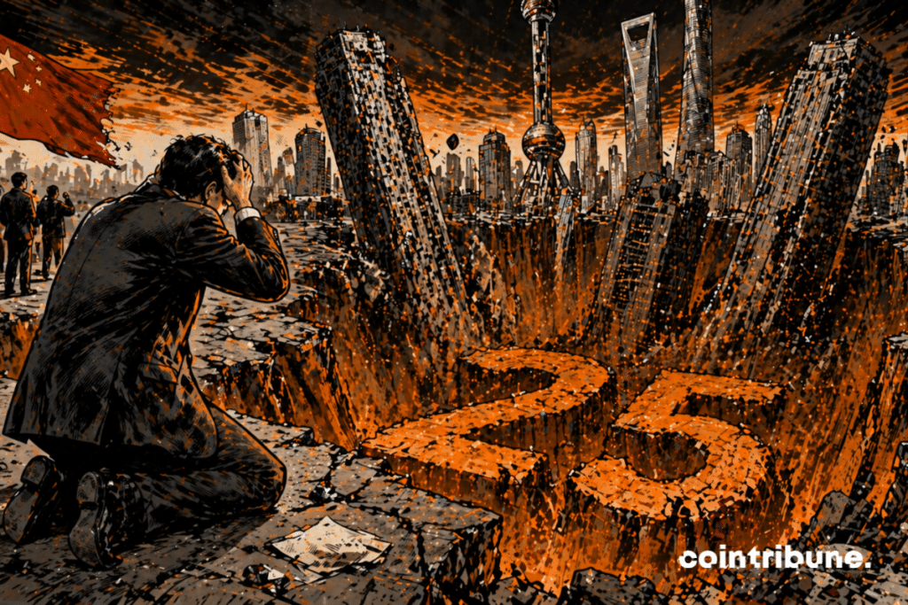 Des gratte-ciels d’une skyline chinoise s’enfoncent dans le sol.