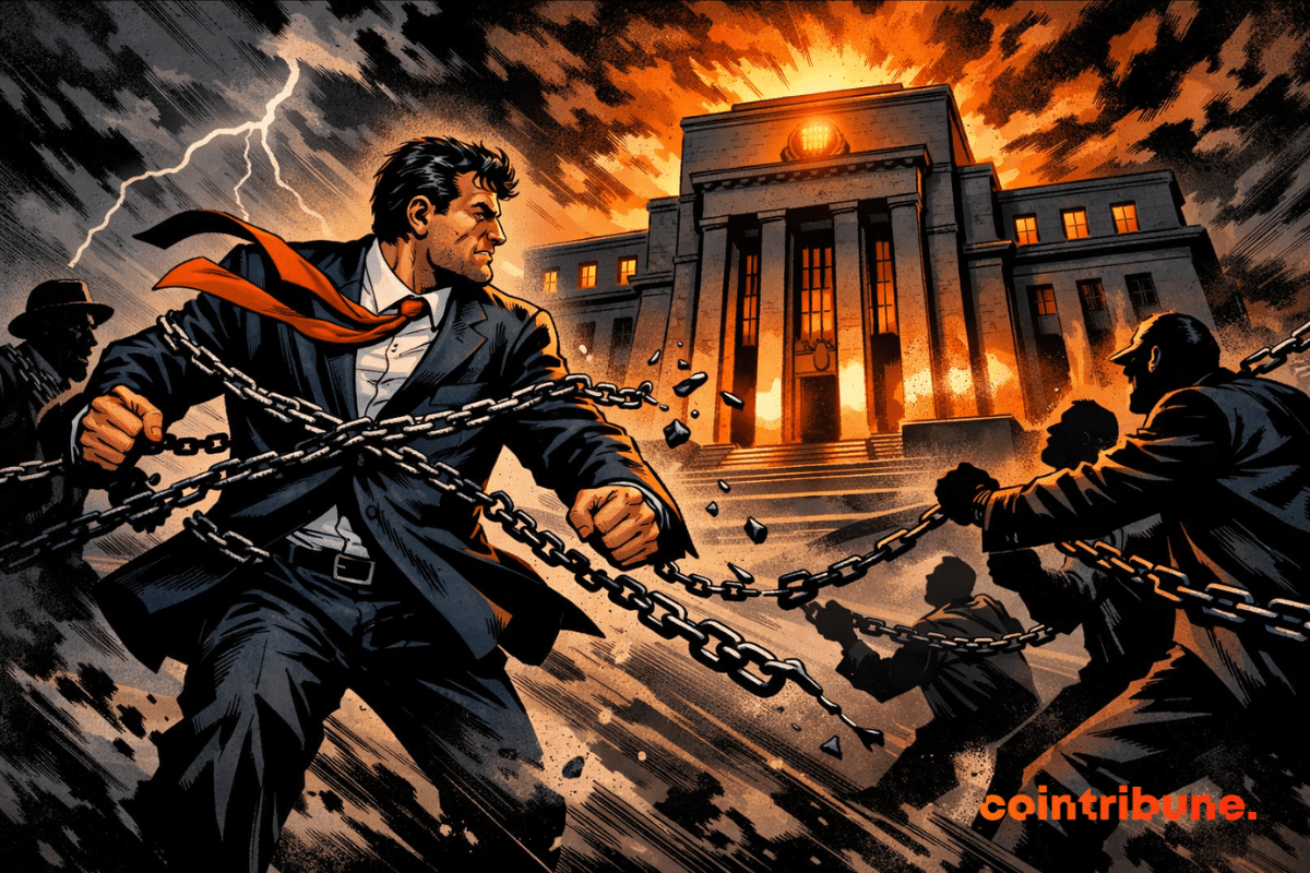 Ilustración de un hombre rompiendo sus cadenas frente a la Fed, simbolizando a Kevin Warsh ante las tensiones políticas que rodean la Reserva Federal.