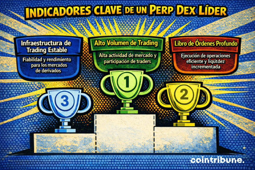 Una infografía titulada “Indicadores clave de un Perp DEX líder” que destaca infraestructuras de trading estables, alto volumen de trading y libros de órdenes profundos como factores centrales de éxito.