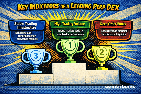 An infographic titled “Key Indicators of a Leading Perp DEX” highlighting stable trading infrastructure, high trading volume, and deep order books as core factors of success.