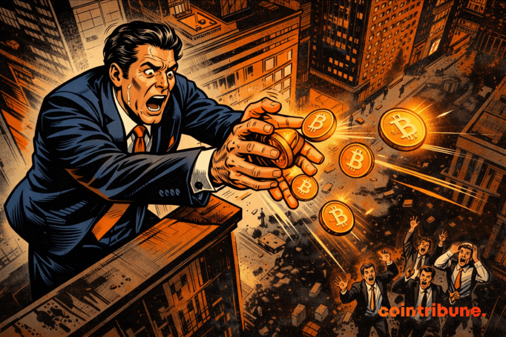 Illustration of a MARA manager dropping Bitcoin coins from a building, symbolizing a massive BTC sell-off and crypto market tension.