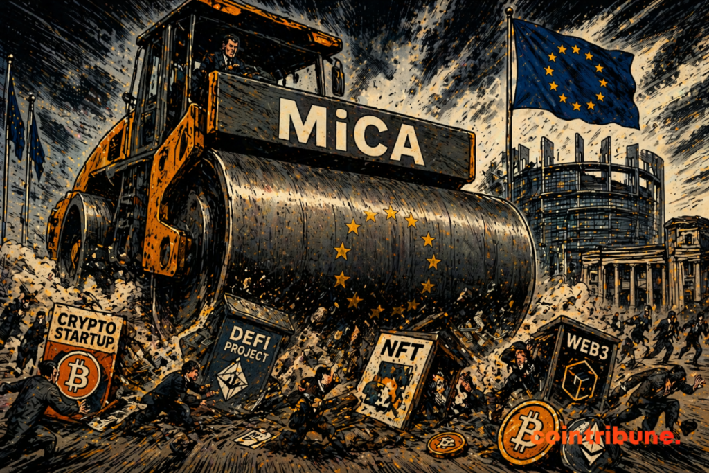 A massive steamroller is crushing panicked crypto startups, flying a European flag that symbolizes brutal and relentless regulation in action