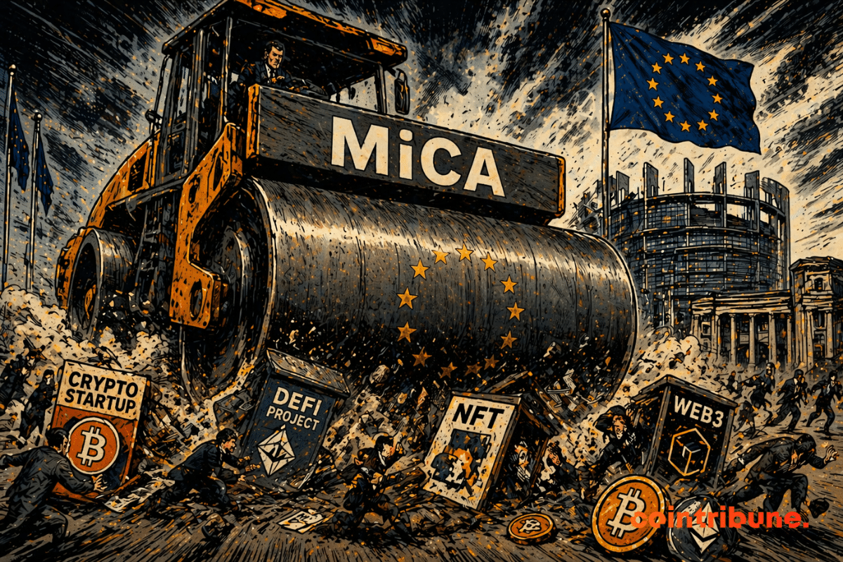 Un énorme rouleau compresseur écrase des startups crypto paniquées, sous un drapeau européen, symbolisant une régulation brutale et implacable en action