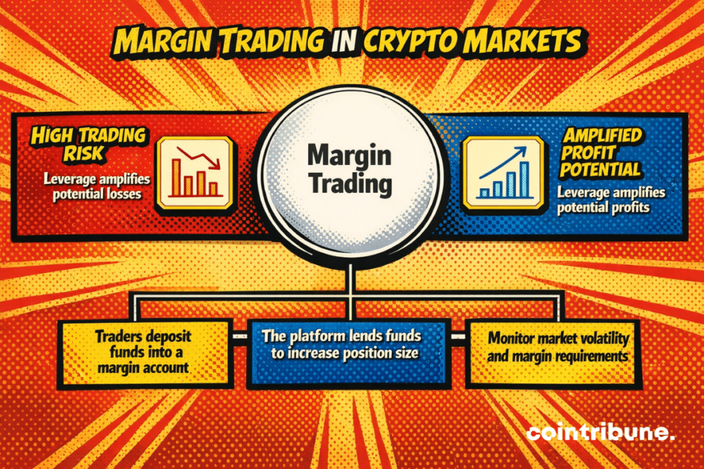 An infographic titled “Margin Trading in Crypto Markets,” showing how leverage works: traders deposit funds, borrow to increase position size, and face both higher profit potential and increased risk due to market volatility.