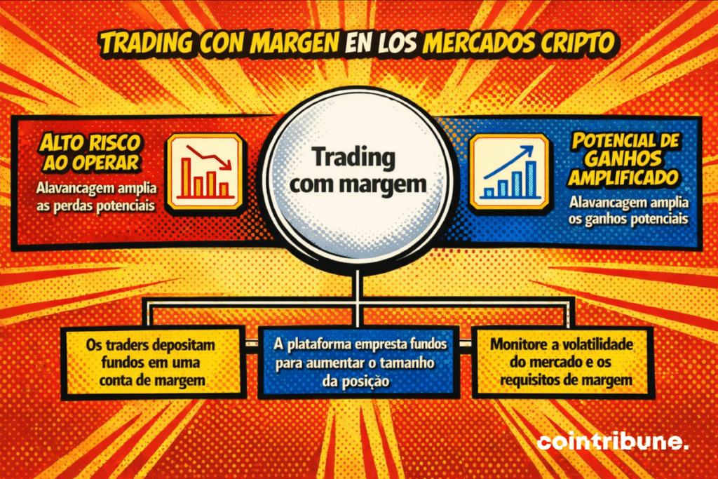 Infografía que explica el funcionamiento del trading con apalancamiento, donde en el centro aparece el concepto “trading con margen”, conectado a dos ideas principales: el alto riesgo al operar (la palanca amplifica las pérdidas potenciales) y el potencial de ganancias amplificado (la palanca aumenta los beneficios); además, se detallan los pasos clave, ya que los traders depositan fondos en una cuenta de margen, la plataforma presta fondos para aumentar la exposición y es necesario monitorear la volatilidad del mercado y los requisitos de margen.