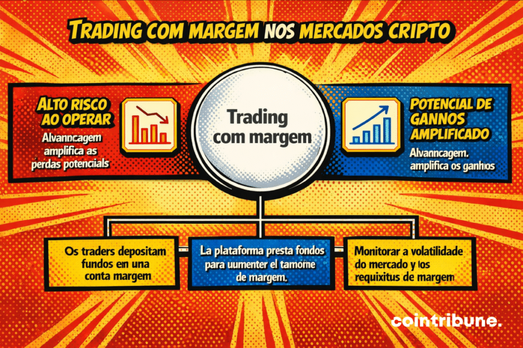 Infográfico em estilo de quadrinhos intitulado “Trading com margem nos mercados cripto”. No centro, aparece um círculo com o texto “Trading com margem”. À esquerda, sobre um fundo vermelho, está indicado “Alto risco ao operar”, com um ícone de gráfico em queda e a explicação “A alavancagem amplia as perdas potenciais”. À direita, sobre um fundo azul, aparece “Potencial de ganhos ampliado”, com um gráfico em alta e a frase “A alavancagem amplia os ganhos potenciais”. Na parte inferior, três blocos explicam o funcionamento: os traders depositam fundos em uma conta de margem, a plataforma empresta fundos para aumentar o tamanho da posição e é necessário monitorar a volatilidade do mercado e os requisitos de margem. No canto inferior direito, aparece o logotipo da Cointribune.