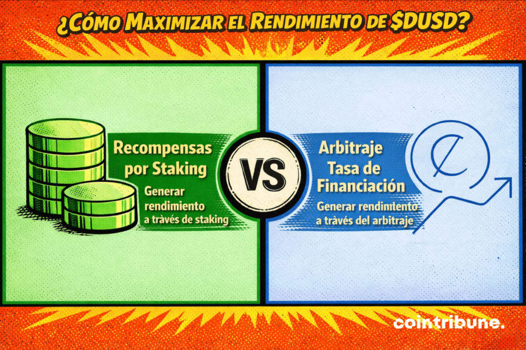 Infografía colorida con estilo cómic titulada “¿Cómo maximizar el rendimiento de $DUSD?”. Está dividida en dos secciones comparativas con un “VS” en el centro. A la izquierda, sobre fondo verde, aparece el texto “Recompensas por Staking” junto a monedas apiladas y la descripción “Generar rendimiento a través de staking”. A la derecha, sobre fondo azul, se lee “Arbitraje Tasa de Financiación” con un icono de gráfico ascendente y la descripción “Generar rendimiento a través del arbitraje”. En la esquina inferior derecha aparece el logo de Cointribune.