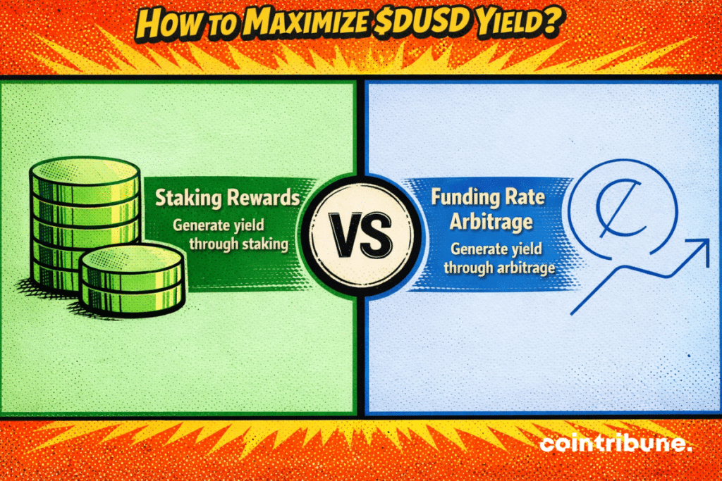 An infographic comparing two ways to maximize $DUSD yield: on the left, stacked coins labeled “Staking Rewards – Generate yield through staking,” and on the right, an upward chart labeled “Funding Rate Arbitrage – Generate yield through arbitrage,” separated by a central “VS.”