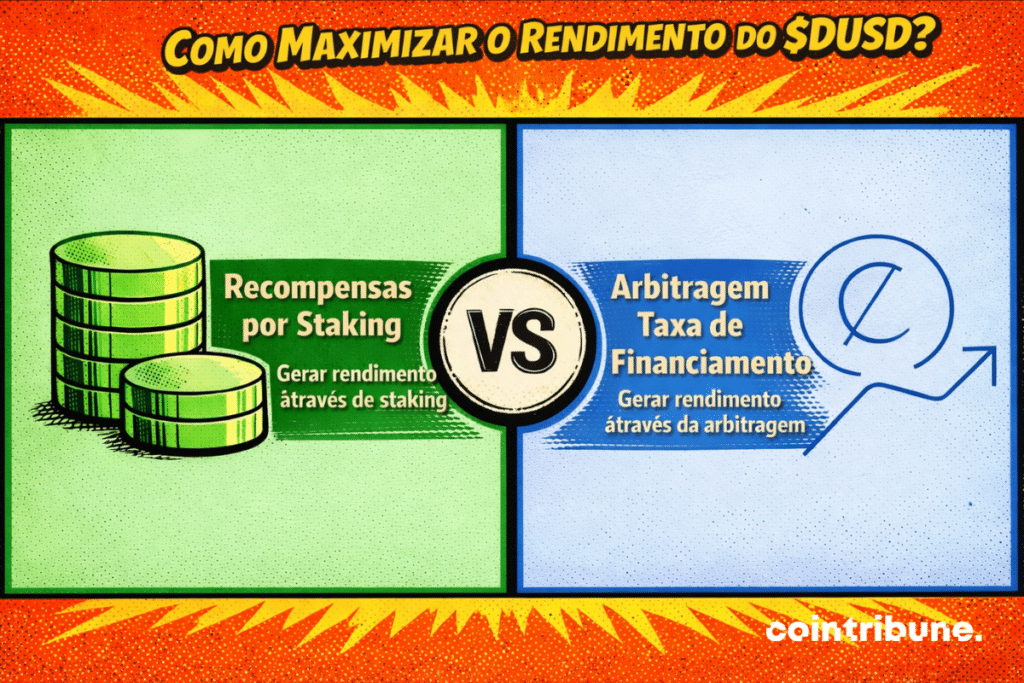 Um infográfico comparando duas formas de maximizar o rendimento do $DUSD: à esquerda, moedas empilhadas com o rótulo “Recompensas de Staking – Gere rendimento com staking” e, à direita, um gráfico ascendente com o rótulo “Arbitragem da Taxa de Financiamento – Gere rendimento com arbitragem”, separados por um “VS.” central.