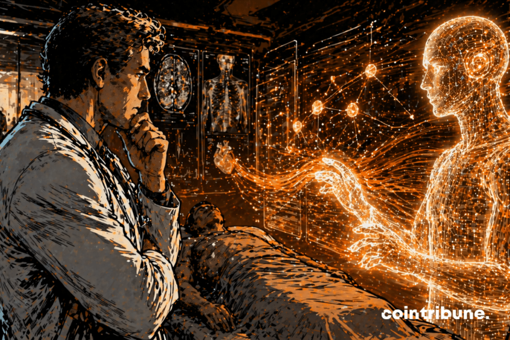 Dans une salle d’hôpital moderne, un médecin humain examine un patient ou un dossier médical abstrait. En face de lui, une entité IA d’OpenAI (forme holographique ou structure lumineuse) analyse les mêmes données. L’IA émet des flux lumineux complexes, plus rapides et plus intenses que les gestes du médecin. Le médecin affiche une expression de concentration mêlée à une légère surprise.