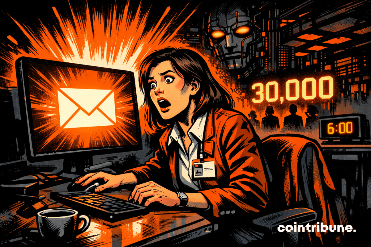 Shocked employee facing a layoff email in a dark office.