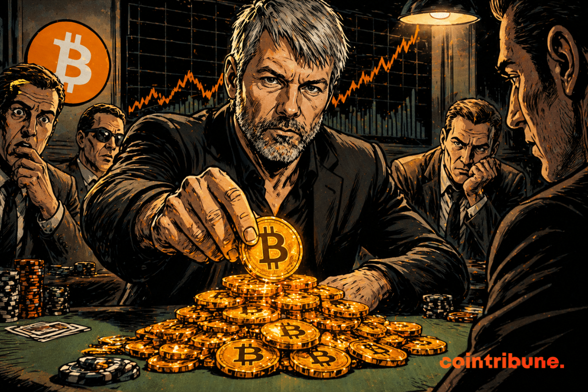 A determined man places bitcoins on a table, while other investors watch hesitantly, daunted by his unwavering confidence.