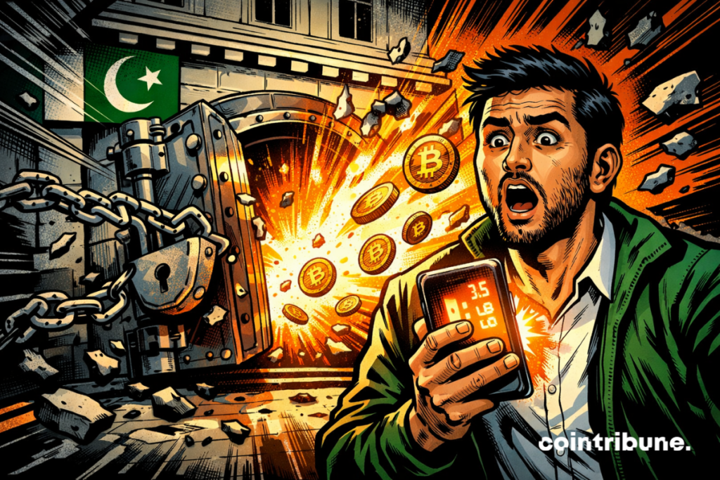 A surprised man standing in front of an open bank vault, bathed in orange crypto light