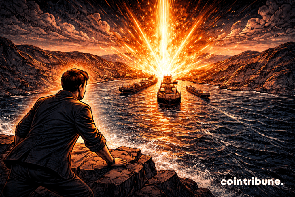 A narrow maritime passage blocked while energy flows surge skyward, symbolizing the blockade of the Strait of Hormuz and the explosion of oil prices.