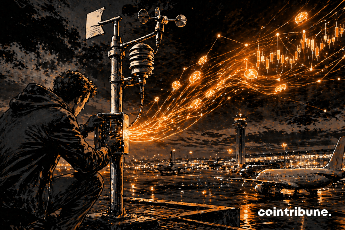 On the edge of an airport runway, a weather sensor (anemometer or weather station) is discreetly manipulated by a crouching individual. The character is partially in shadow, in a furtive posture. From the sensor, abstract luminous streams extend toward the sky or an invisible network, symbolizing the transmission of data to Polymarket. These streams gradually transform into glowing financial flows in space.