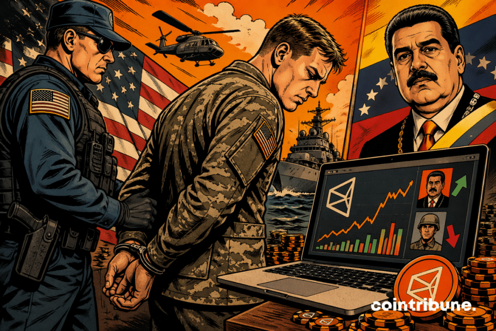 Soldat menotté sur un navire militaire, smartphone affichant un graphique crypto sur Polymarket
