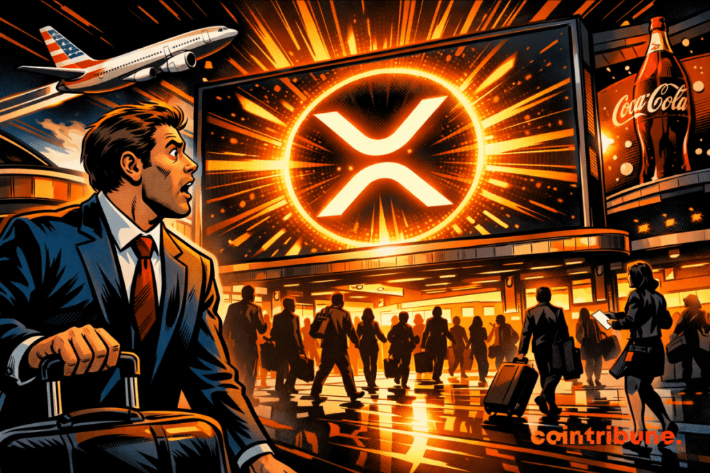 Illustration d’un aéroport futuriste avec un écran géant affichant le logo XRP, symbolisant l’adoption des paiements XRP par de grandes entreprises.