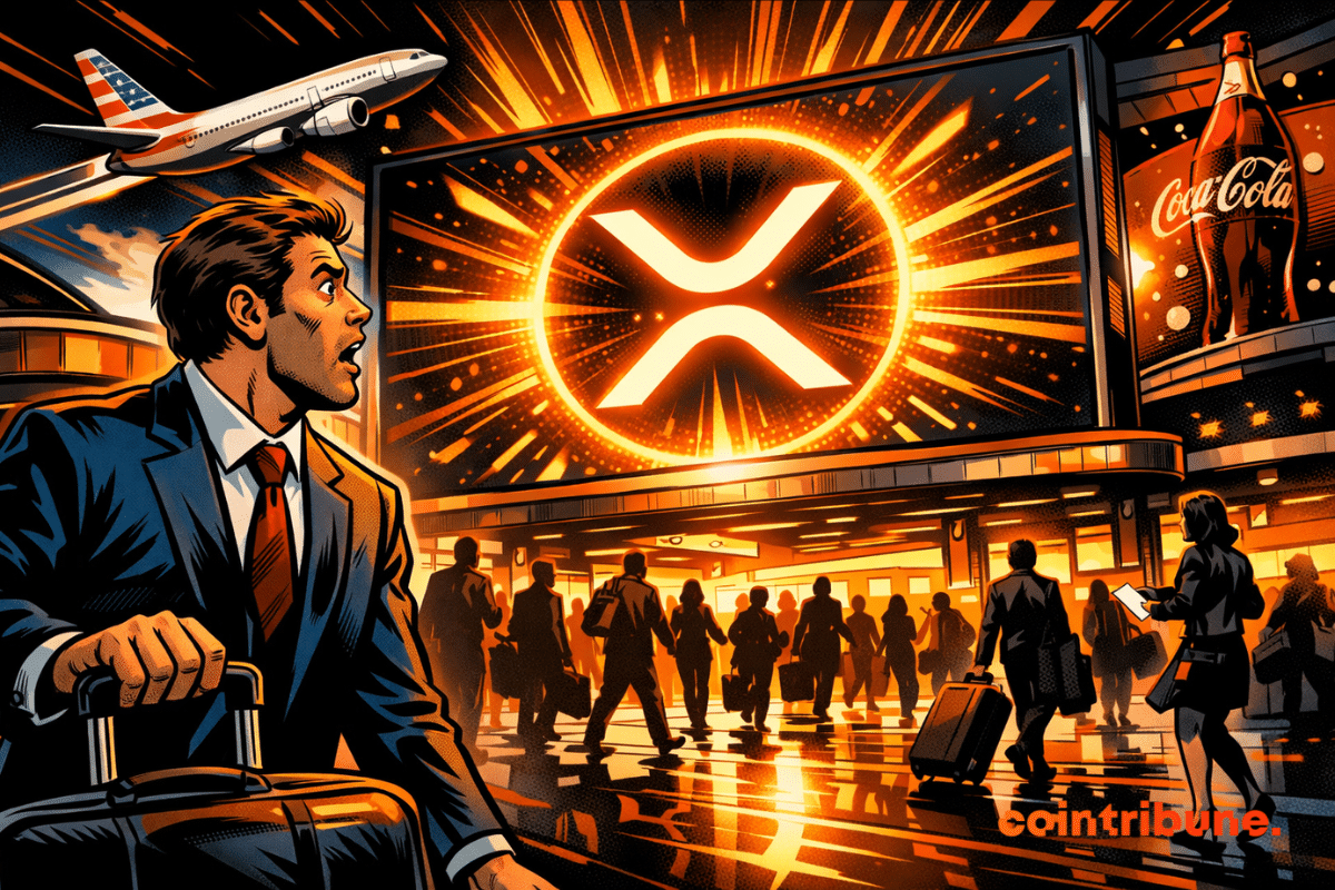 Illustration d’un aéroport futuriste avec un écran géant affichant le logo XRP, symbolisant l’adoption des paiements XRP par de grandes entreprises.