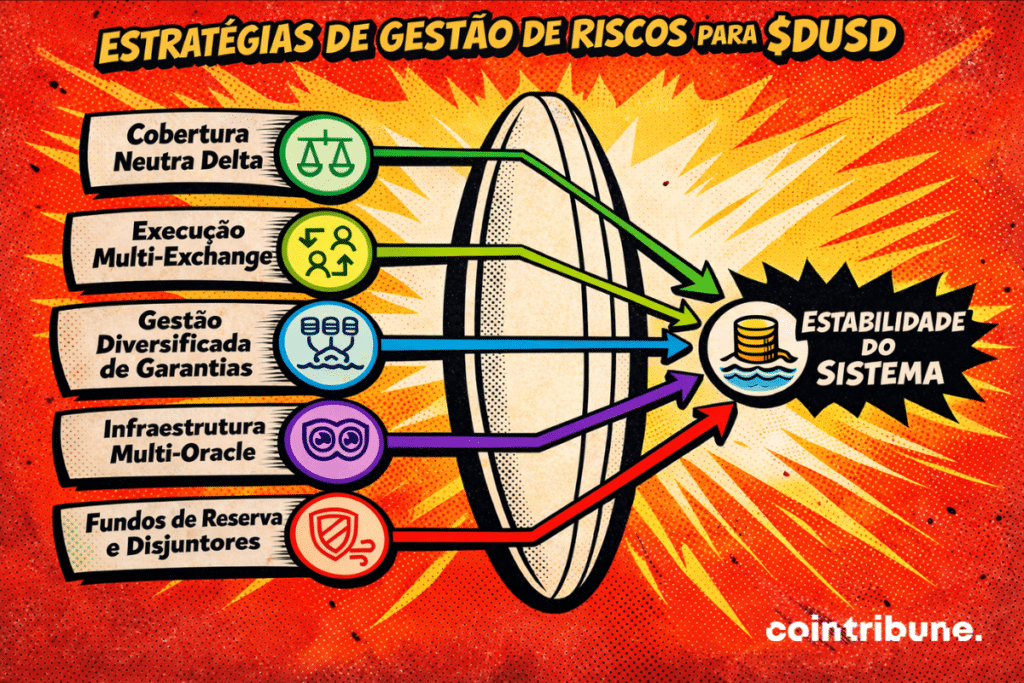 Um infográfico mostrando estratégias de gestão de risco para o $DUSD: cinco elementos rotulados — “Proteção Delta-Neutra”, “Execução em Múltiplas Exchanges”, “Gestão Diversificada de Garantias”, “Infraestrutura Multi-Oráculo” e “Fundos de Reserva e Disjuntores” — cada um representado por ícones e setas coloridas apontando para um símbolo central de moedas com o rótulo “Estabilidade do Sistema”.