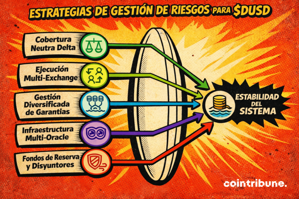 Infografía con estilo cómic titulada “Estrategias de gestión de riesgos para $DUSD”. En el lado izquierdo se presentan cinco estrategias en bloques: “Cobertura Neutra Delta”, “Ejecución Multi-Exchange”, “Gestión Diversificada de Garantías”, “Infraestructura Multi-Oracle” y “Fondos de Reserva y Disyuntores”, cada una acompañada de un icono representativo. Flechas de distintos colores parten de estas estrategias y atraviesan un círculo central, convergiendo hacia la derecha en un símbolo de monedas sobre agua junto al texto “Estabilidad del Sistema”. En la esquina inferior derecha aparece el logo de Cointribune.
