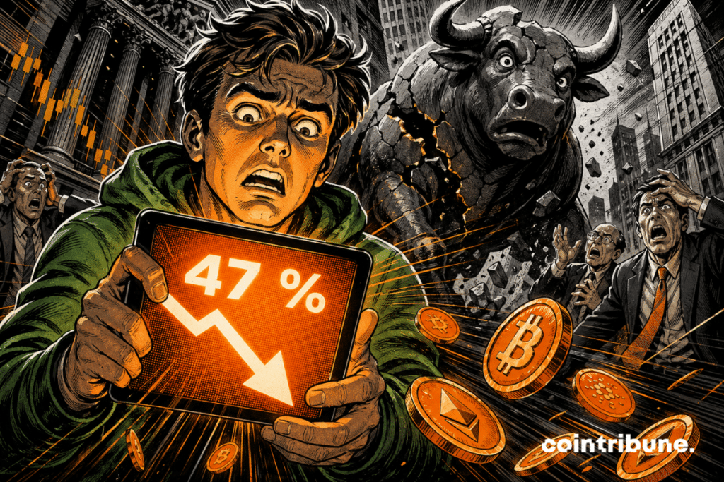 Illustration comics d’un investisseur paniqué face à une chute crypto de 47 %.