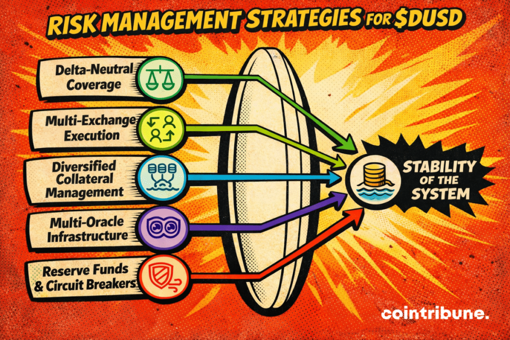 An infographic showing risk management strategies for $DUSD: five labeled elements—“Delta-Neutral Coverage,” “Multi-Exchange Execution,” “Diversified Collateral Management,” “Multi-Oracle Infrastructure,” and “Reserve Funds & Circuit Breakers”—each represented by icons and colored arrows pointing toward a central symbol of coins labeled “Stability of the System.”