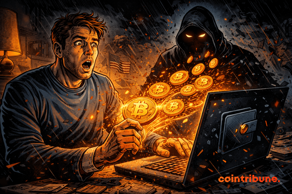 Un homme horrifié voit ses bitcoins aspirés hors de son écran par une silhouette menaçante surgissant dans l’ombre derrière lui