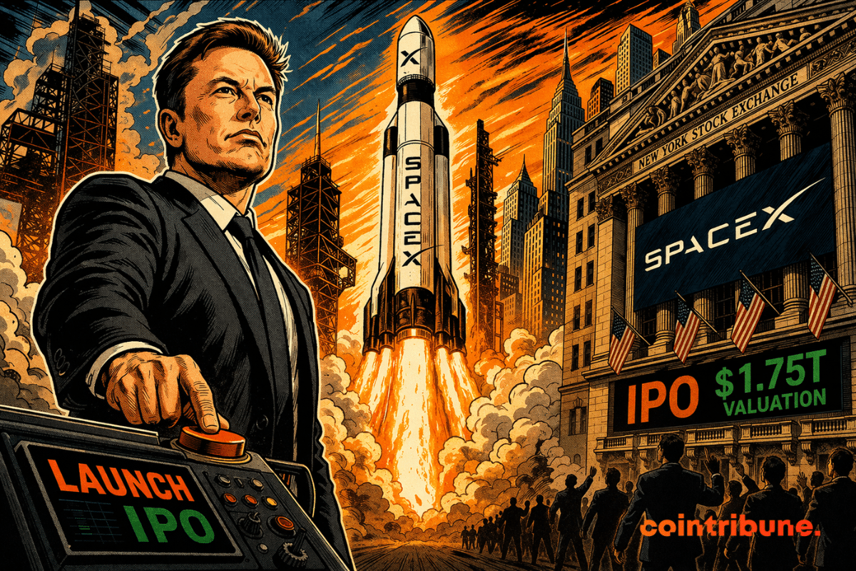 Un dirigeant déclenche un lancement spectaculaire, une fusée s’élève au cœur de la ville, symbolisant une entrée massive dans la finance mondiale