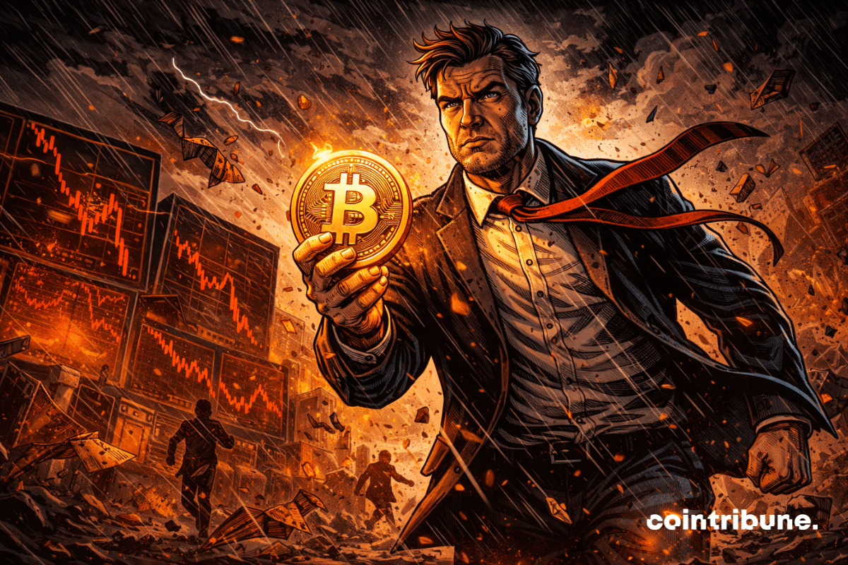 A leader navigates a financial storm, holding fast to a shining Bitcoin, undeterred by massive losses and the market chaos swirling around him