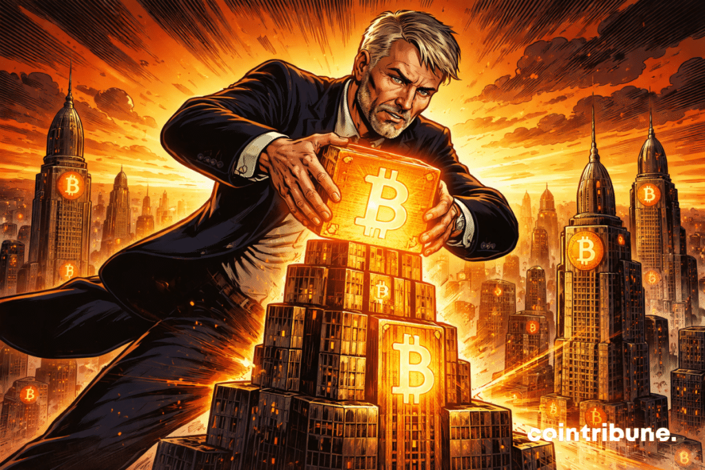 Michael Saylor adds a giant Bitcoin block to an orange fortress.