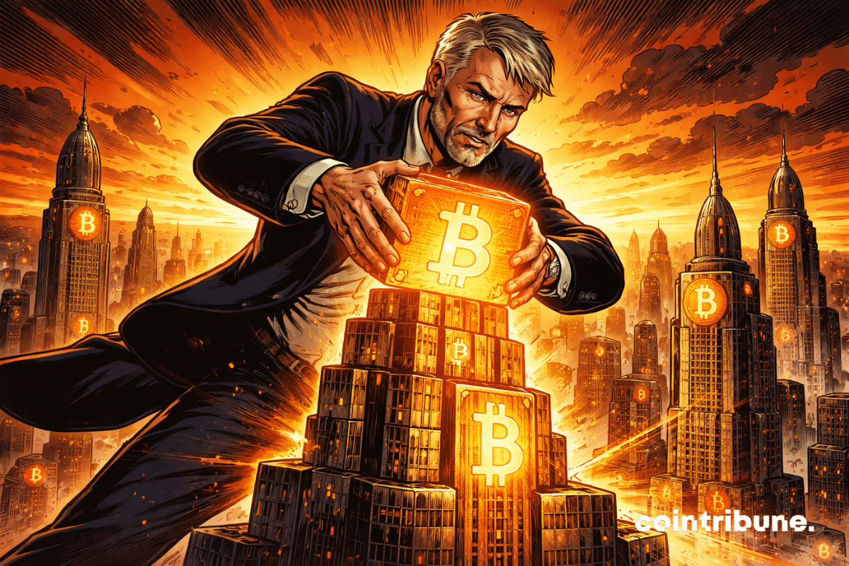 Michael Saylor adds a giant Bitcoin block to an orange fortress.
